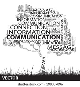Vector concept or conceptual black tree and grass word cloud on white background, for communication, message, mail, relation, dialog, talk, report, contact, stair, climb, email, internet wordcloud