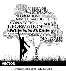 Vector concept or conceptual black tree and grass word cloud, a man jumping on white, metaphor for business, trend, media, focus, market, value, product, advertising or customer or corporate wordcloud
