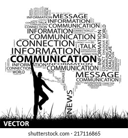 Concepto vectorial o nube conceptual de árbol negro y hierba, un hombre saltando sobre blanco, para comunicación, mensaje, correo, relación, diálogo, charla, informe, contacto, escalera, escalada, correo electrónico, nube de palabras en internet
