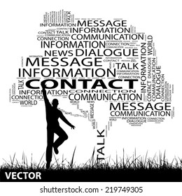 Vector concept or conceptual black tree and grass word cloud, a man jumping on white, for communication, message, mail, relation, dialog, talk, report, contact, stair, climb, email, internet wordcloud