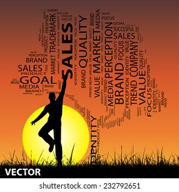 Concepto vectorial o nube conceptual de árbol negro y hierba, hombre saltando al atardecer, metáfora para negocios, tendencia, medios, enfoque, mercado, valor, producto, publicidad o cliente o nube de palabras corporativas