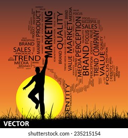 Vector concept or conceptual black tree and grass word cloud, man jumping on sunset, metaphor for business, trend, media, focus, market, value, product, advertising or customer or corporate wordcloud