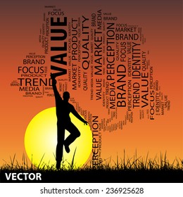 Vector concept or conceptual black tree and grass word cloud, man jumping on sunset, metaphor for business, trend, media, focus, market, value, product, advertising or customer or corporate wordcloud