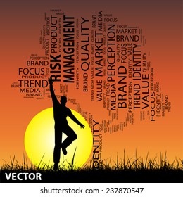 Vector concept or conceptual black tree and grass word cloud, man jumping on sunset, metaphor for business, trend, media, focus, market, value, product, advertising or customer or corporate wordcloud