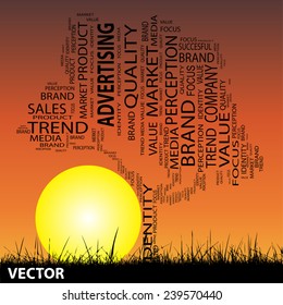 Vector concept or conceptual black tree and grass word cloud sunset sky and sun background, metaphor to business, trend, media, focus, market, value, product, advertising or customer or corporate