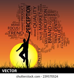 Vector concept or conceptual black tree and grass word cloud, man jumping on sunset, metaphor for business, trend, media, focus, market, value, product, advertising or customer or corporate wordcloud