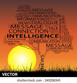 Vector concept conceptual black tree grass word cloud on sunset sky and sun background for communication, message, mail, relation, dialog, talk, report, info, link, contact, email, internet wordcloud