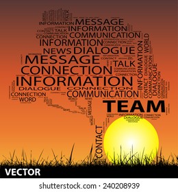 Concepto vectorial nube conceptual de hierba negra de árbol sobre el cielo de la puesta del sol y fondo solar para la comunicación, mensaje, correo, relación, diálogo, charla, informe, información, enlace, contacto, correo electrónico, Internet wordcloud