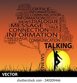 Vector concept or conceptual black tree and grass word cloud, a man jumping on sunset with sun, for communication, message, mail, relation, dialog, talk, report, contact, email, internet wordcloud