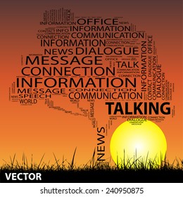 Vector concept conceptual black tree grass word cloud on sunset sky and sun background for communication, message, mail, relation, dialog, talk, report, info, link, contact, email, internet wordcloud