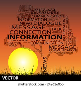 Vector concept conceptual black tree grass word cloud on sunset sky and sun background for communication, message, mail, relation, dialog, talk, report, info, link, contact, email, internet wordcloud