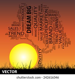 Vector concept or conceptual black tree and grass word cloud sunset sky and sun background, metaphor to business, trend, media, focus, market, value, product, advertising or customer or corporate