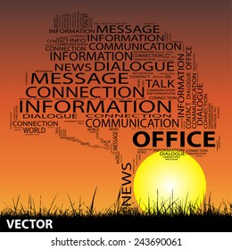 Vector concept conceptual black tree grass word cloud on sunset sky and sun background for communication, message, mail, relation, dialog, talk, report, info, link, contact, email, internet wordcloud