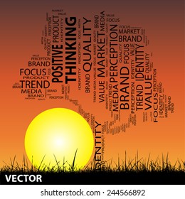 Vector concept or conceptual black tree and grass word cloud sunset sky and sun background, metaphor to business, trend, media, focus, market, value, product, advertising or customer or corporate