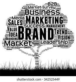 Vector concept or conceptual black tree and grass word cloud on white background as metaphor for business, trend, media, focus, market, value, product, advertising or customer or corporate wordcloud