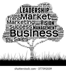 Vector concept or conceptual black tree and grass word cloud on white background as metaphor for business, trend, media, focus, market, value, product, advertising or customer or corporate wordcloud