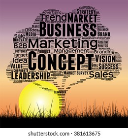 Vector concept or conceptual black tree and grass word cloud sunset sky and sun background, metaphor to business, trend, media, focus, market, value, product, advertising or customer or corporate