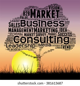 Vector concept or conceptual black tree and grass word cloud sunset sky and sun background, metaphor to business, trend, media, focus, market, value, product, advertising or customer or corporate