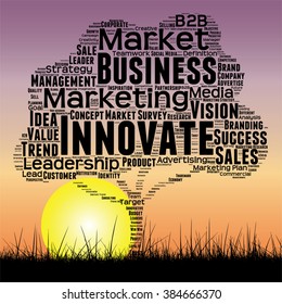 Vector concept or conceptual black tree and grass word cloud sunset sky and sun background, metaphor to business, trend, media, focus, market, value, product, advertising or customer or corporate