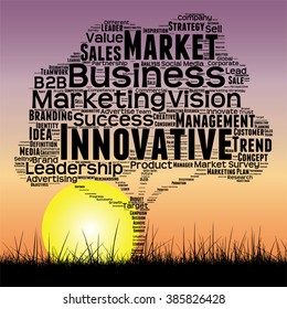Vector concept or conceptual black tree and grass word cloud sunset sky and sun background, metaphor to business, trend, media, focus, market, value, product, advertising or customer or corporate