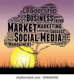 Vector concept or conceptual black tree and grass word cloud sunset sky and sun background, metaphor to business, trend, media, focus, market, value, product, advertising or customer or corporate