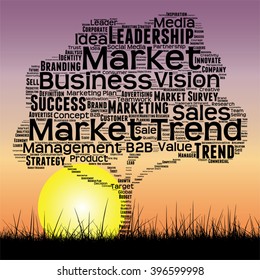 Concepto vectorial o árbol negro conceptual y palabra de césped nube cielo atardecer y fondo solar, metáfora a los negocios, tendencia, medios, enfoque, mercado, valor, producto, publicidad o cliente o empresa