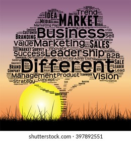 Vector concept or conceptual black tree and grass word cloud sunset sky and sun background, metaphor to business, trend, media, focus, market, value, product, advertising or customer or corporate