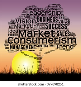 Vector concept or conceptual black tree and grass word cloud sunset sky and sun background, metaphor to business, trend, media, focus, market, value, product, advertising or customer or corporate