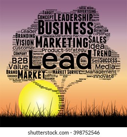 Concepto vectorial o árbol negro conceptual y palabra de césped nube cielo atardecer y fondo solar, metáfora a los negocios, tendencia, medios, enfoque, mercado, valor, producto, publicidad o cliente o empresa