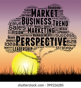 Vector concept or conceptual black tree and grass word cloud sunset sky and sun background, metaphor to business, trend, media, focus, market, value, product, advertising or customer or corporate