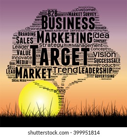 Vector concept or conceptual black tree and grass word cloud sunset sky and sun background, metaphor to business, trend, media, focus, market, value, product, advertising or customer or corporate