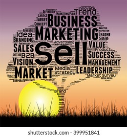 Vector concept or conceptual black tree and grass word cloud sunset sky and sun background, metaphor to business, trend, media, focus, market, value, product, advertising or customer or corporate