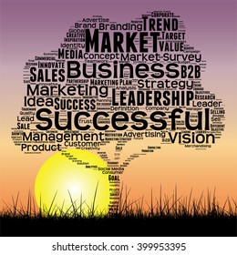 Vector concept or conceptual black tree and grass word cloud sunset sky and sun background, metaphor to business, trend, media, focus, market, value, product, advertising or customer or corporate