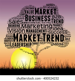 Vector concept or conceptual black tree and grass word cloud sunset sky and sun background, metaphor to business, trend, media, focus, market, value, product, advertising or customer or corporate