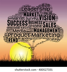 Vector concept or conceptual black tree and grass word cloud sunset sky and sun background, metaphor to business, trend, media, focus, market, value, product, advertising or customer or corporate