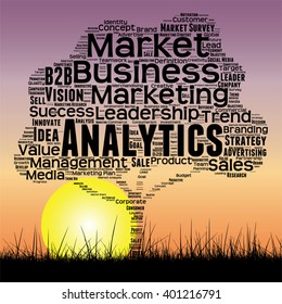 Vector concept or conceptual black tree and grass word cloud sunset sky and sun background, metaphor to business, trend, media, focus, market, value, product, advertising or customer or corporate