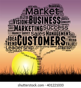 Vector concept or conceptual black tree and grass word cloud sunset sky and sun background, metaphor to business, trend, media, focus, market, value, product, advertising or customer or corporate