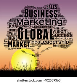 Vector concept or conceptual black tree and grass word cloud sunset sky and sun background, metaphor to business, trend, media, focus, market, value, product, advertising or customer or corporate