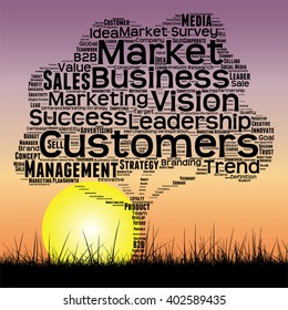 Vector concept or conceptual black tree and grass word cloud sunset sky and sun background, metaphor to business, trend, media, focus, market, value, product, advertising or customer or corporate