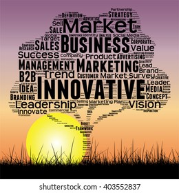 Vector concept or conceptual black tree and grass word cloud sunset sky and sun background, metaphor to business, trend, media, focus, market, value, product, advertising or customer or corporate