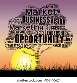 Vector concept or conceptual black tree and grass word cloud sunset sky and sun background, metaphor to business, trend, media, focus, market, value, product, advertising or customer or corporate