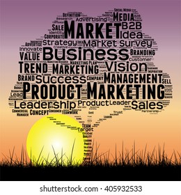 Vector concept or conceptual black tree and grass word cloud sunset sky and sun background, metaphor to business, trend, media, focus, market, value, product, advertising or customer or corporate