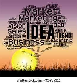 Vector concept or conceptual black tree and grass word cloud sunset sky and sun background, metaphor to business, trend, media, focus, market, value, product, advertising or customer or corporate