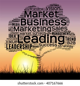 Vector concept or conceptual black tree and grass word cloud sunset sky and sun background, metaphor to business, trend, media, focus, market, value, product, advertising or customer or corporate