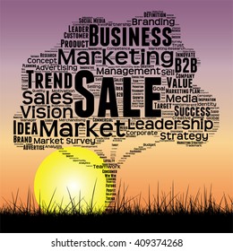 Vector concept or conceptual black tree and grass word cloud sunset sky and sun background, metaphor to business, trend, media, focus, market, value, product, advertising or customer or corporate