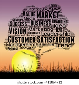 Vector concept or conceptual black tree and grass word cloud sunset sky and sun background, metaphor to business, trend, media, focus, market, value, product, advertising or customer or corporate