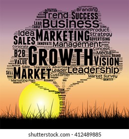 Vector concept or conceptual black tree and grass word cloud sunset sky and sun background, metaphor to business, trend, media, focus, market, value, product, advertising or customer or corporate