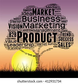 Vector concept or conceptual black tree and grass word cloud sunset sky and sun background, metaphor to business, trend, media, focus, market, value, product, advertising or customer or corporate