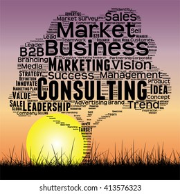 Vector concept or conceptual black tree and grass word cloud sunset sky and sun background, metaphor to business, trend, media, focus, market, value, product, advertising or customer or corporate