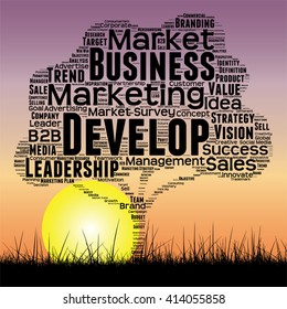 Vector concept or conceptual black tree and grass word cloud sunset sky and sun background, metaphor to business, trend, media, focus, market, value, product, advertising or customer or corporate